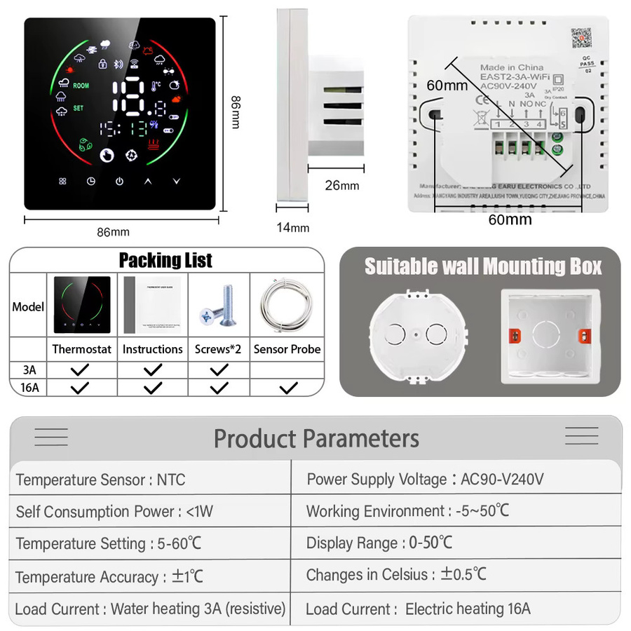 Tuya Smart Thermostat WiFi mit App- und Sprachsteuerung für elektrische Bodenheizung, Wasser- und Gaskessel, Farbe: Schwarz - Bild 2