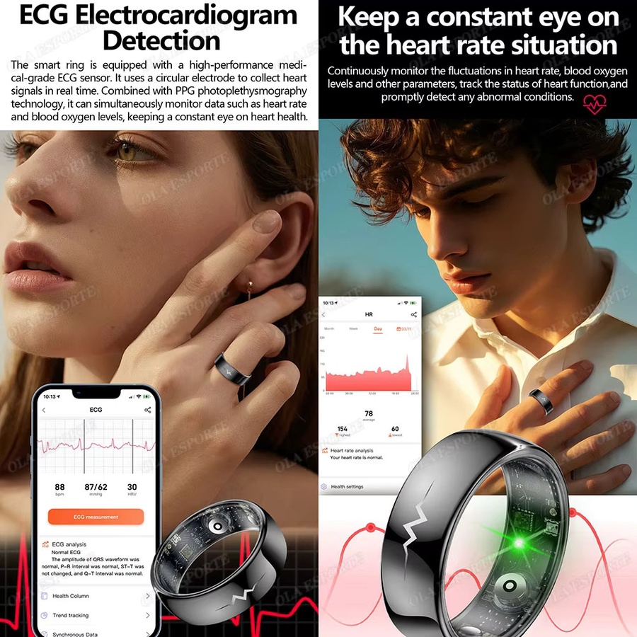 Ola Esporte Smart Ring Schwarz mit EKG, Herzfrequenz, Blutdruck, Sauerstoffgehalt und Schlafüberwachung für Unisex - Bild 4