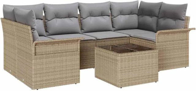 vidaXL Garten-Sofa-Set 7-teilig aus Polyrattan in Beige mit Polsterung und Couchtisch - Bild 1