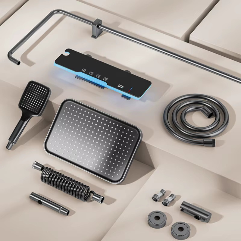 Badezimmer-Duschset mit LED-Temperaturanzeige und Klaviertasten in Schwarz-Grau inklusive Regenduschsystem und Wasserhahn - Bild 2