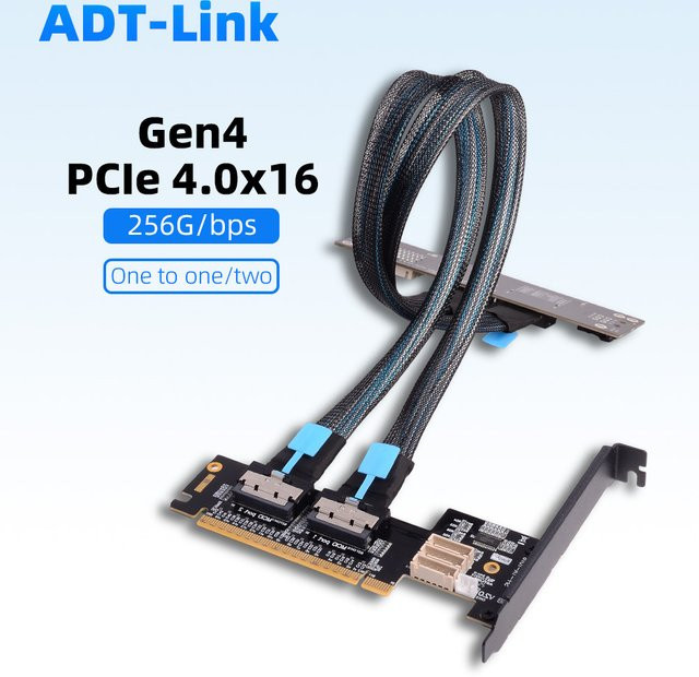 ADT-Link PCIe 4.0 X16 MCIO Grafikkarte GPU Split Kabel Eins-zu-Zwei X8 Dual Split In X8x8 Gen4 256G/bps für Motherboard Bifurkation, Schwarz - Bild 1