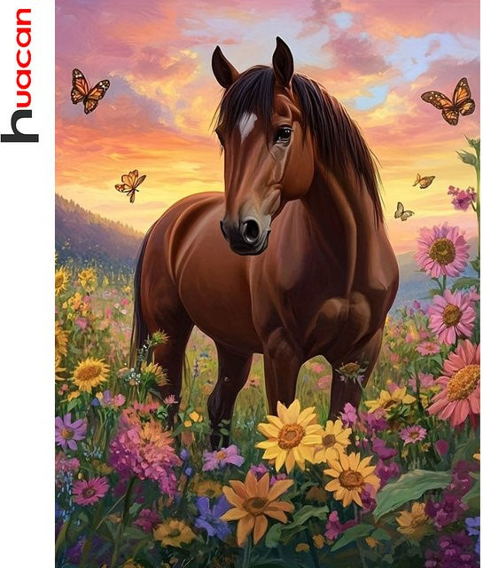 Huacan DIY Diamant-Mosaik Set mit Pferd und Blumen, quadratische Stickerei als Wanddekoration, Mehrfarbig, Breite: 30,0 cm, Höhe: 20,0 cm, Tiefe: 20,0 cm - Bild 1