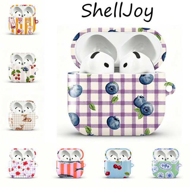 ShellJoy Stoßfeste Schutzhülle JuicyBluebelline für AirPods 1 2 3 Pro Pro2 mit Metallhaken, Glänzende HD-Hartschalen-PC-Hülle, Blau/Mehrfarbig - Bild 1