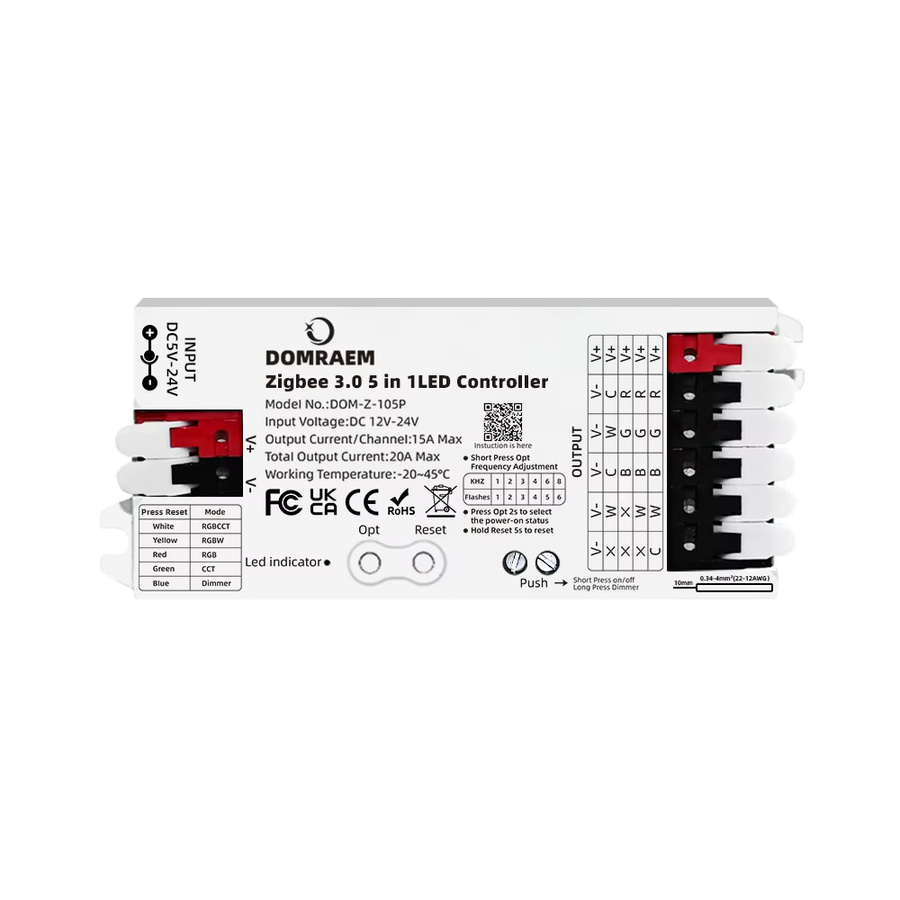 DOMRAEM Zigbee 3.0 5-in-1 LED-Streifen-Controller RGBCCT RGBW RGB CCT Dimmer mit App- und Sprachsteuerung für Tuya Smart Life und Alexa, DC12V-24V, Farbe: Weiß - Bild 3