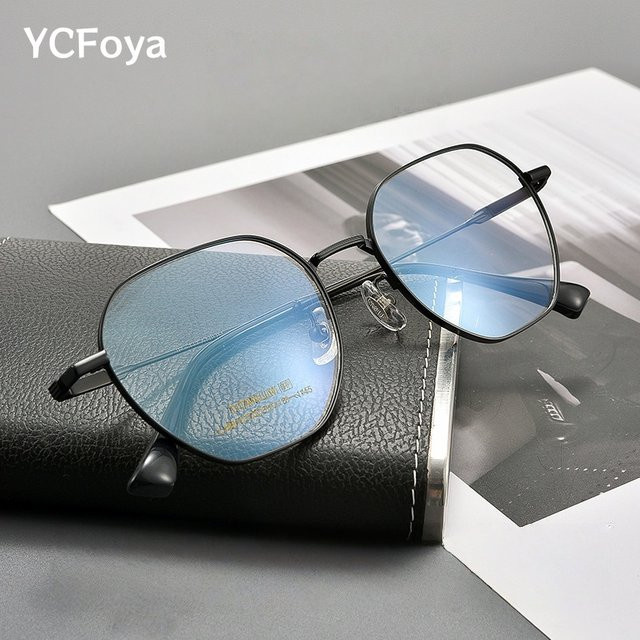 YCFoya L8810J Korrektionsbrille, Titanlegierung, hexagonal, Vollrand, Unisex, schwarz - Bild 1