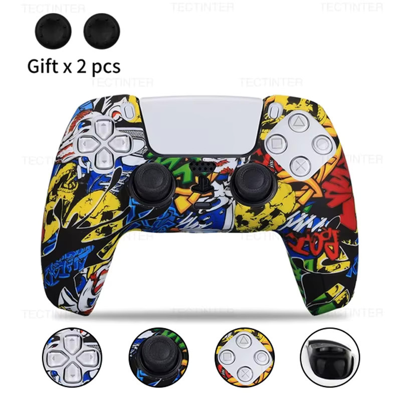 Silikon Schutzhülle für Sony PlayStation 5 Controller mit Daumen-Grifffolien in Weiß und Multicolour - Bild 2