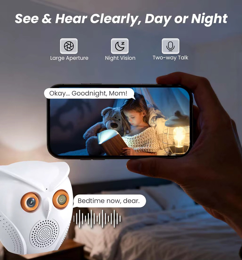 PEGATAH Eulenförmige 5MP WLAN-Sicherheitskamera für den Innenbereich in Weiß mit Farbnachtsicht, Zwei-Wege-Audio und ICSEE APP Unterstützung - Bild 3