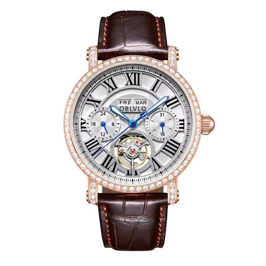 OBLVLO Skelett-Mechanikuhr, Automatik, Diamant, Lederarmband, Herren - Bild 3