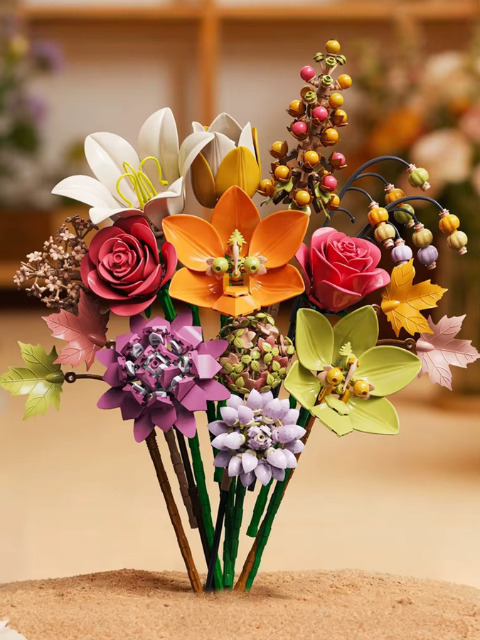 Yaafun Rosenstrauß Bausatz mit 813 Teilen, DIY Blumen-Bausteine in Multicolor als kreative Schreibtischdekoration - Bild 5