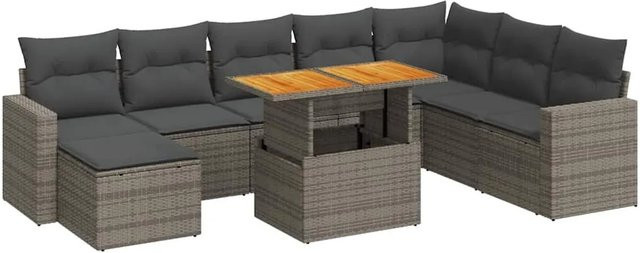 vidaXL 9-tlg Garten-Sofagarnitur in L-Form aus Poly-Rattan und Akazienholz mit Kissen in Grau - Bild 1