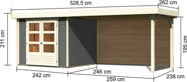Gartenhaus Holz ASKOLA 35 Flachdachhaus in Flachdachgrau mit Anbaudach und Rückwand, B/T/H: 238 x 242 x 19 mm - Bild 1