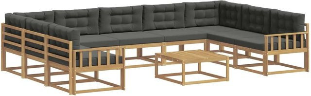 vidaXL Outdoor-Sofagarnitur in L-Form aus Akazienholz mit 10 Kissen in Anthrazit und Weiß - Bild 1