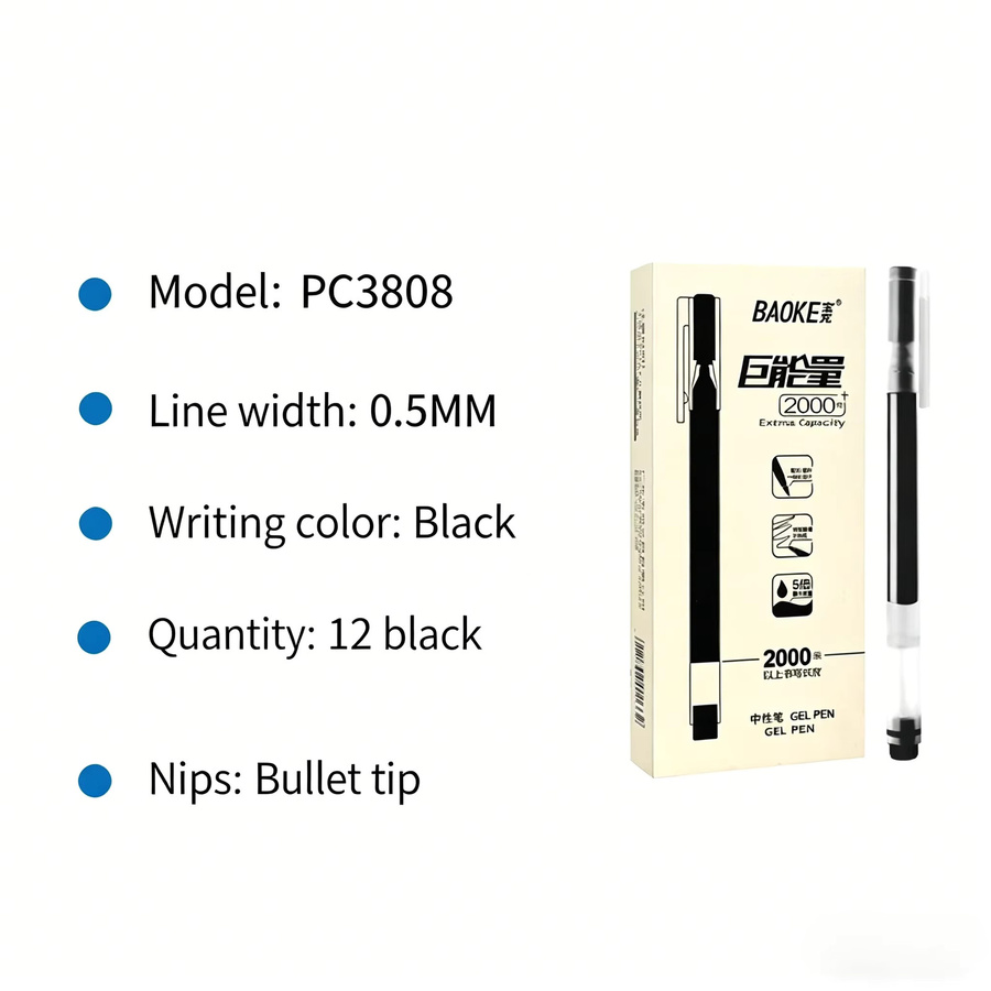 Baoke 3808 Gelschreiber mit schwarzer Kohlenstofftinte, 0,5 mm, 12 Stück pro Box - Bild 5