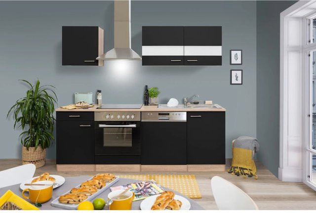 Respekta Küchenzeile KB220ESSC in Schwarz-Eiche Sägerau Nachbildung mit Glastüren und Soft-Close-Funktion, Breite: 220 cm, Tiefe: 60 cm - Bild 1