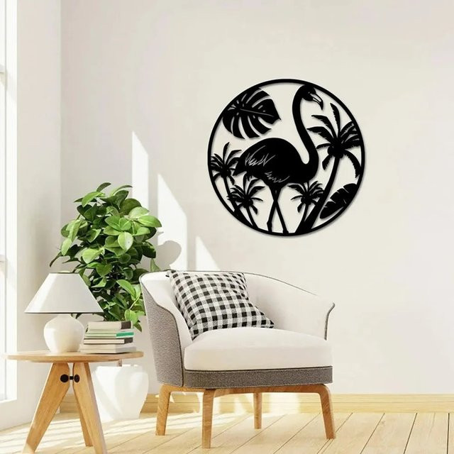 CIFBUY Vintage Wandkunst aus Metall mit Flamingo- und Palmen-Motiv, rundes Metallschild in Schwarz für tropische Dekoration - Bild 1