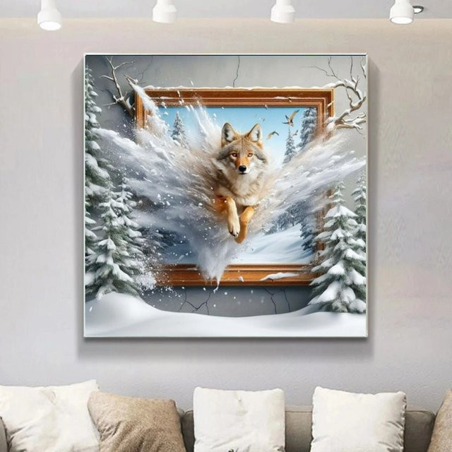 Potdemiel 5D Diamantmalerei Wolf Schneelandschaft Mosaik-Kunst Set mit Rundbohrern in Multicolour - Bild 1