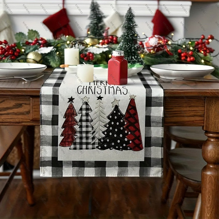 Waterclor Tischläufer Buffalo Plaid Weihnachtsbäume in Schwarz, Dekorativer Stoffläufer aus Leinen für Weihnachten und Partys, B/T/H: 150 x 45 x 30 cm