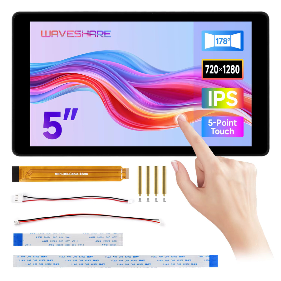 Waveshare 5-Zoll DSI kapazitives Touch-Display mit IPS-Panel und gehärtetem Glas in Schwarz, Auflösung 720x1280, 5-Punkt-Touch - Bild 3