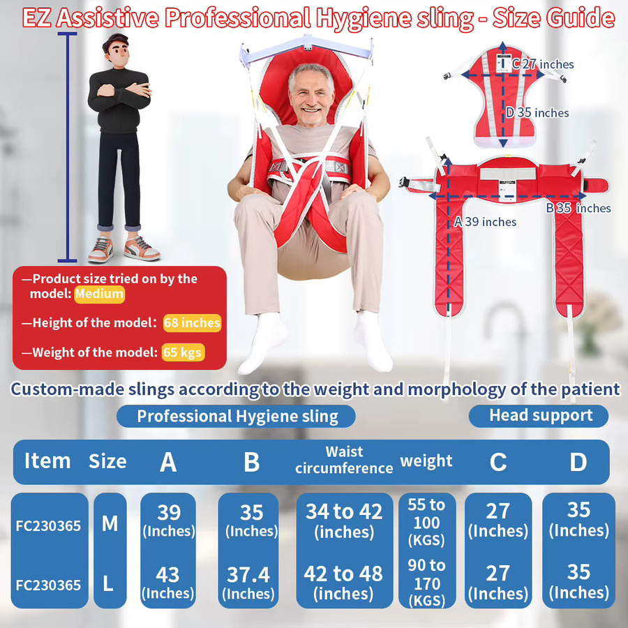 Ehucon Patient Harness Lift Hygiene Sling Toilettenhilfe mit Kopfstütze in Rot, Tragkraft 230 kg - Bild 2