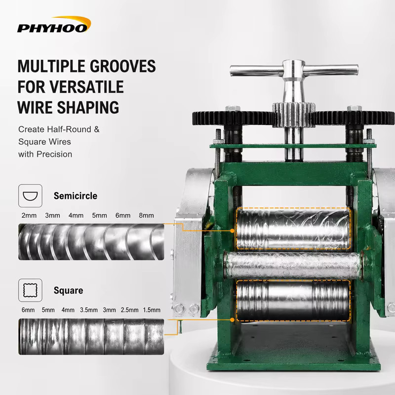 PHYHOO 3-in-1 Schmuckwalzmaschine aus Gusseisen in Grün für Flach-, Quadrat- und Halbrunddraht als manuelle Metallblechformpresse und Bastelwerkzeug - Bild 3