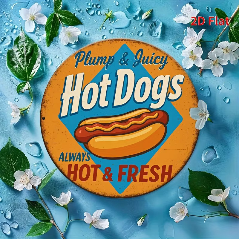 Potdemiel Rundes Aluminium-Wandkunstschild im Vintage-Stil mit Hotdog-Motiv, Durchmesser: 20,32 cm, Mehrfarbig - Bild 3