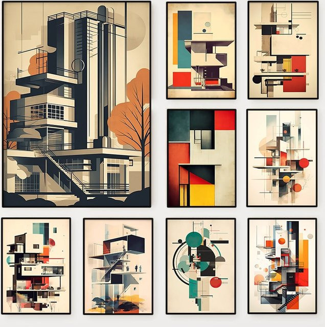 Potdemiel Bauhaus Architektur Skizze Poster als minimalistische geometrische Leinwandmalerei für dein Wohnzimmer - Bild 1
