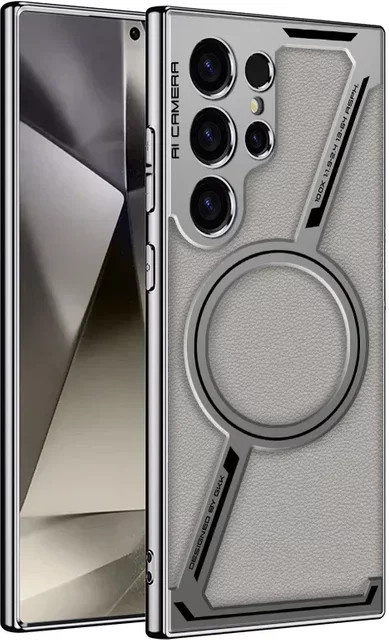 Magnetische Leder-Handyhülle für Samsung Galaxy S25 S24 S23 Ultra in Grau mit kabellosem Laden und Schutzfunktion - Bild 1