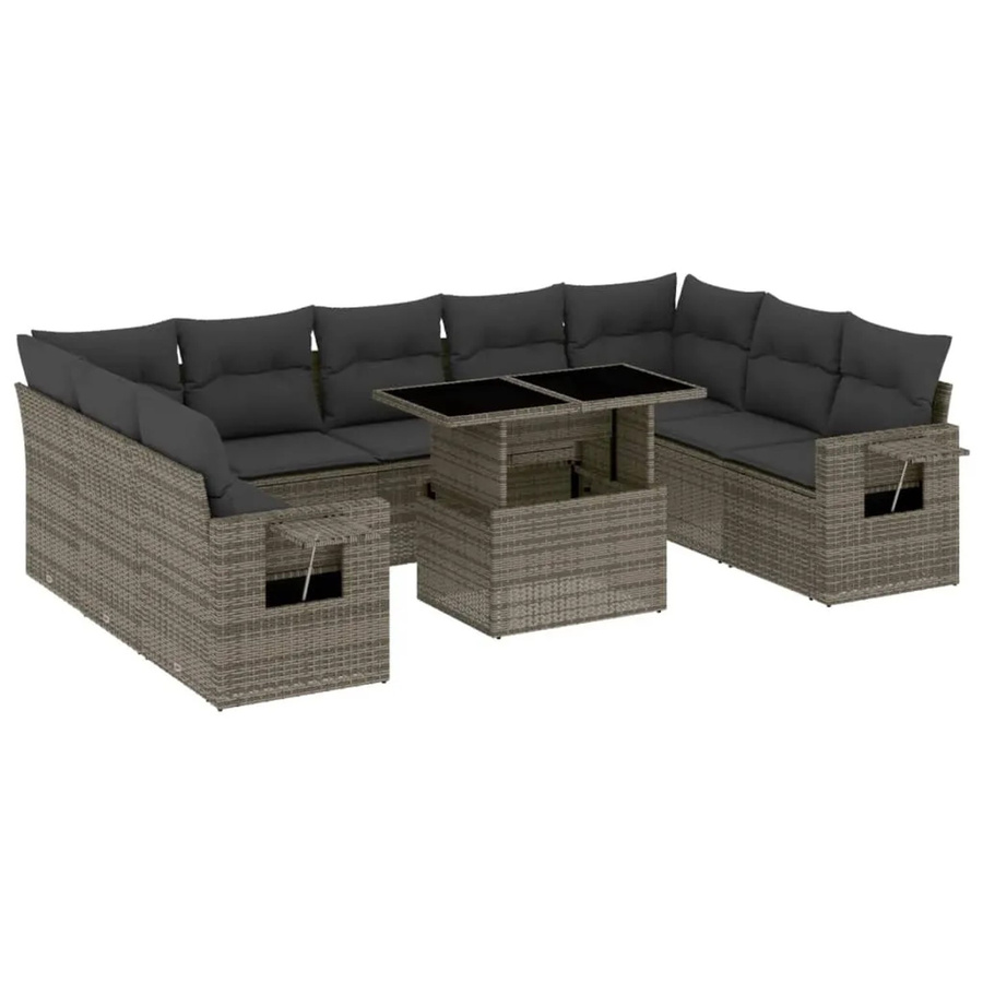 vidaXL 10-tlg Garten-Sofagarnitur in L-Form aus grauem Poly-Rattan mit UV-beständigen Kissen und pulverbeschichtetem Stahlgestell - Bild 2