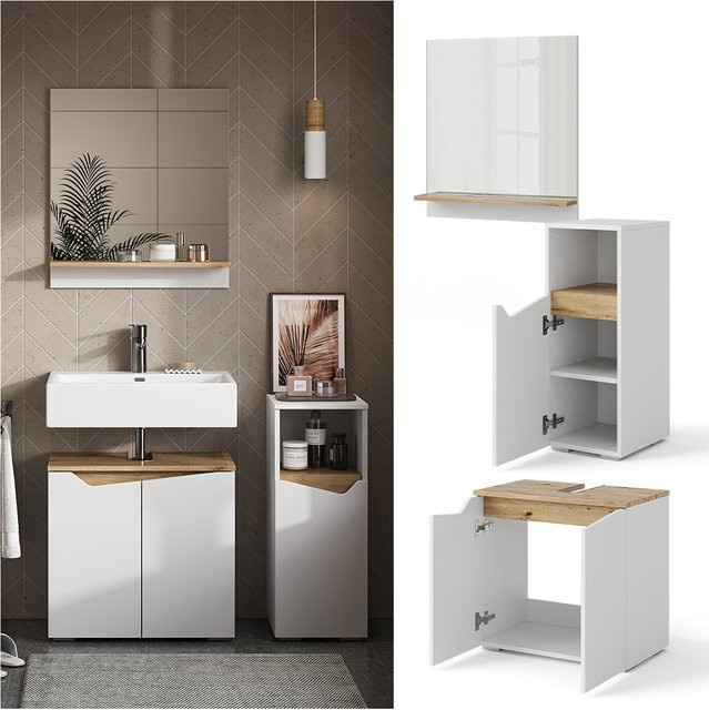 Vicco Badmöbel-Set Marelle Weiß mit Artisan-Eiche, 3-teilig bestehend aus Waschtischunterschrank, Badspiegel und Midischrank - Bild 1