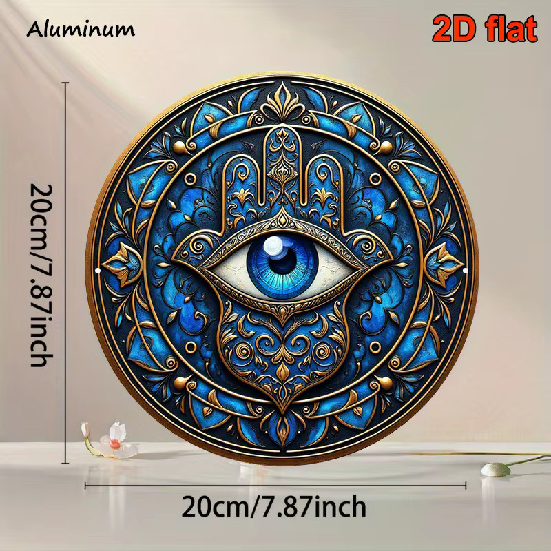 CIFBUY Blue Evil Eye Hand of Fatima Wandkunst, rundes Metallschild in Blau, Boho-Deko für Wohnzimmer, Schlafzimmer und Büro, Durchmesser: 20,3 cm - Bild 3
