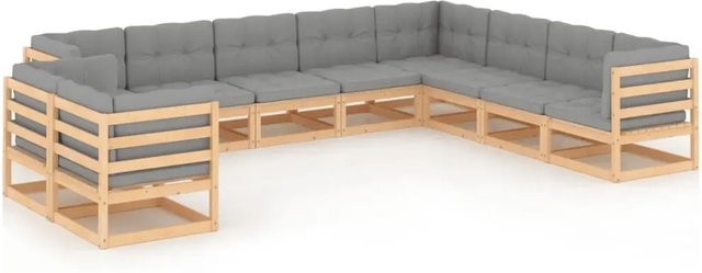 vidaXL 10-tlg. Garten-Lounge-Set aus massivem Kiefernholz in U-Form mit grauen Polstern - Bild 1