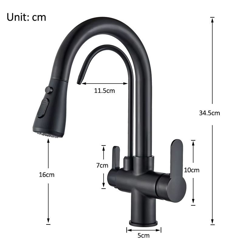 Quyanre Küchenarmatur in Mattschwarz mit gefiltertem Wasser, 360 Grad drehbarer Drei-Wege-Spültischmischer mit ausziehbarem Sprühhahn, Höhe: 34,5 cm, Tiefe: 16,0 cm, Breite: 11,5 cm - Bild 2