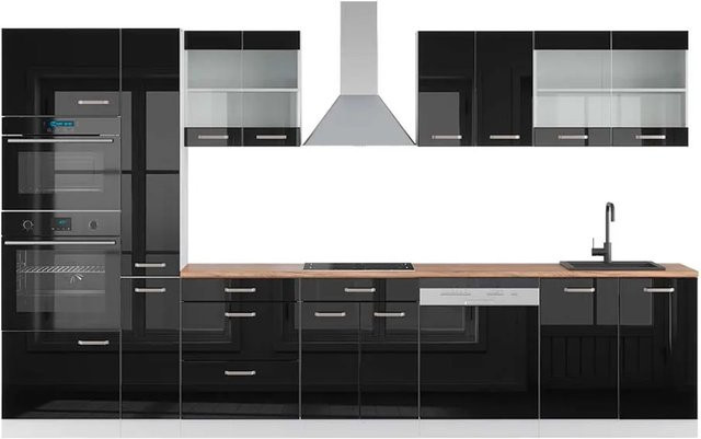 Vicco R-Line Küchenzeile Schwarz Hochglanz und Weiß mit Hochschrank in Eiche Optik, Breite: 350 cm - Bild 1