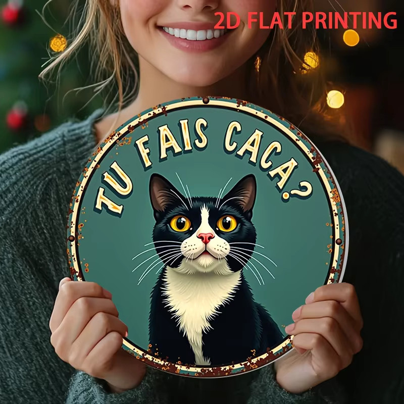 Potdemiel Vintage-Poster mit Katzenmotiv und französischem Schriftzug TU FAIS CACA in Petrol, Durchmesser: 20 cm - Bild 2