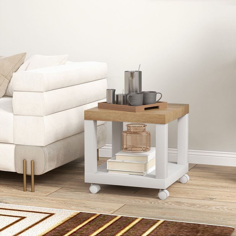 Aosom Rollbarer Beistelltisch HOMCOM Modern mit offenem Regal, Farbe: Weiß & Beige, B/T/H: 40 x 40 x 40 cm - Bild 2