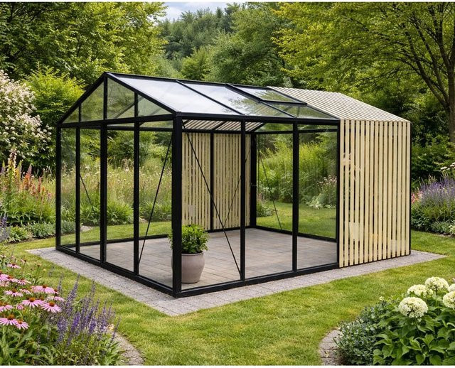 Bloomcabin Premium-Qualität Gewächshaus Accoya-Fusion GHCAF11 in Schwarz mit Sicherheitsglas, Aluminium, Accoya-Holz, integrierten Dachfenstern und Belüftungssystem - Bild 1