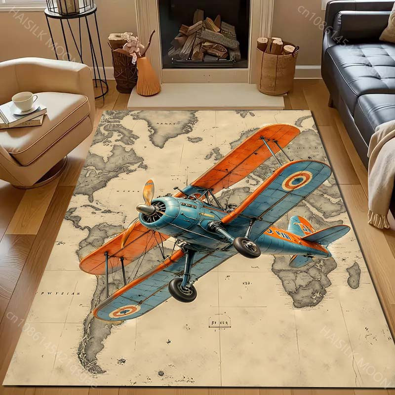 UQIDEHOME Retro Teppich mit Flugzeug- und Kartenmuster, Mehrfarbig, B/T: 60 x 40 cm - Bild 3