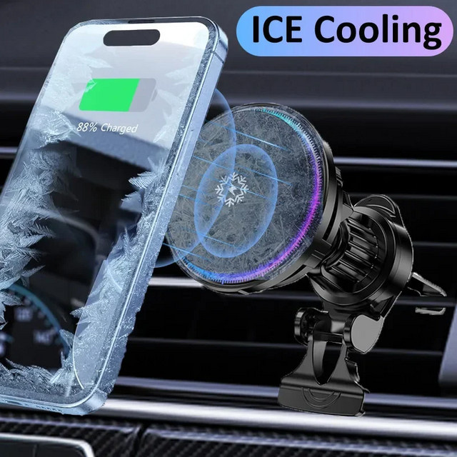 VIKEFON Magnetische Drahtlose Auto Ladestation mit Eiskühlung für iPhone 15 14 13 Pro Max MagSafe Schnellladegerät und Halterung in Schwarz - Bild 1