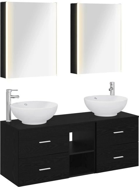 vidaXL Badezimmermöbel-Set 5-teilig in Schwarz Eiche matt mit LED-Beleuchtung und Glas, bestehend aus Waschtischunterschrank, Spiegelschrank und Wandschrank - Bild 1