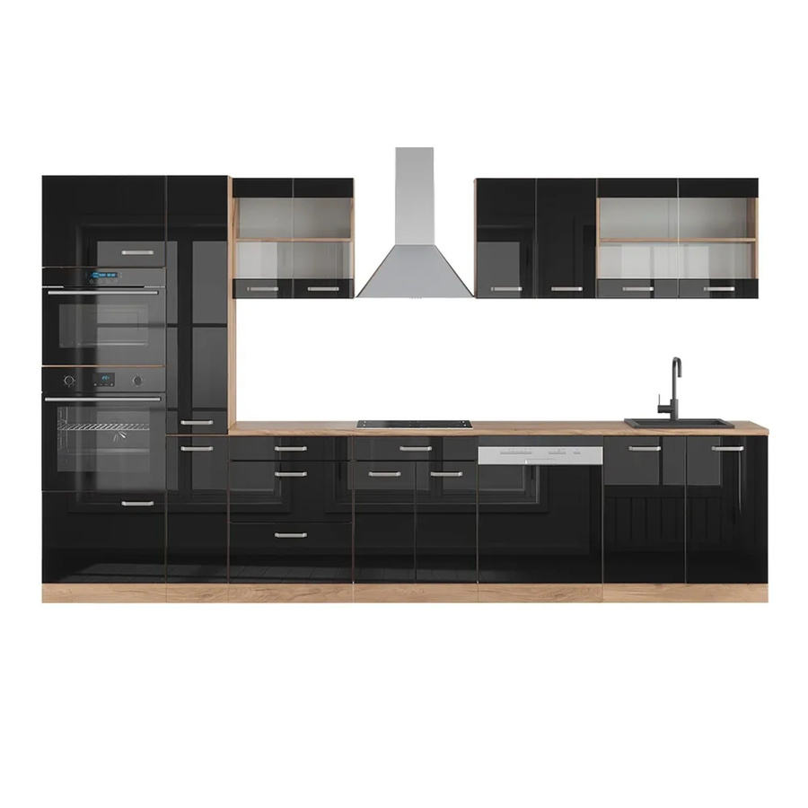 Vicco R-Line Küchenzeile Schwarz Hochglanz mit Hochschrank Eiche B/T/H: 350 x 60 x 207 cm - Bild 2