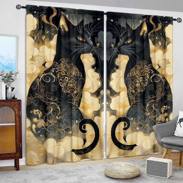 2er-Set Moiré Vorhang mit Katzenprint in Schwarz, halbtransparent, Breite: 52,5 cm, Höhe: 116 cm - Bild 1