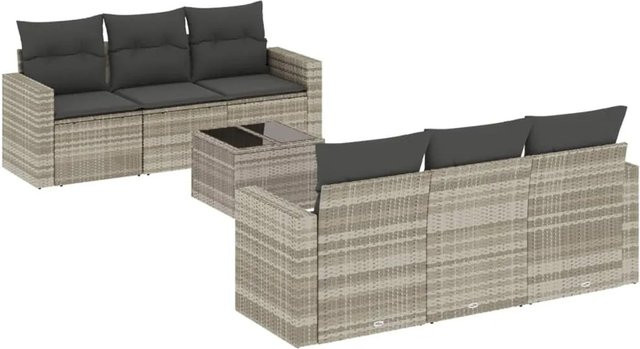 vidaXL 7-tlg. Garten-Sofagarnitur in L-Form aus Poly-Rattan in Hellgrau mit Tisch und Kissen - Bild 1