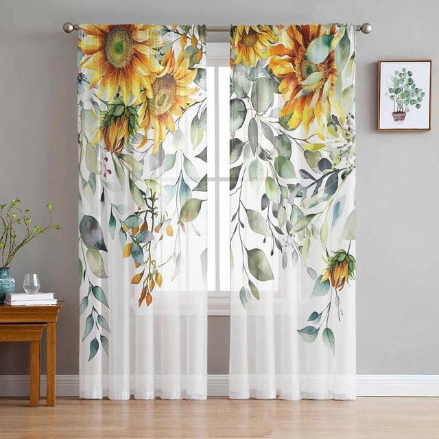Yiran Furniture Transparentes Tüll-Vorhang mit Frühlingsblumen-Wildblumen-Design aus Organza und Voile, Breite: 135 cm, Höhe: 115 cm - Bild 1