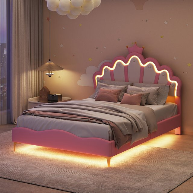 Comanlai Kinderbett Crown Princess in Pink mit LED-Kopfteil, Schubladen und Lattenrost, B/T/H: 90 x 200 cm - Bild 1