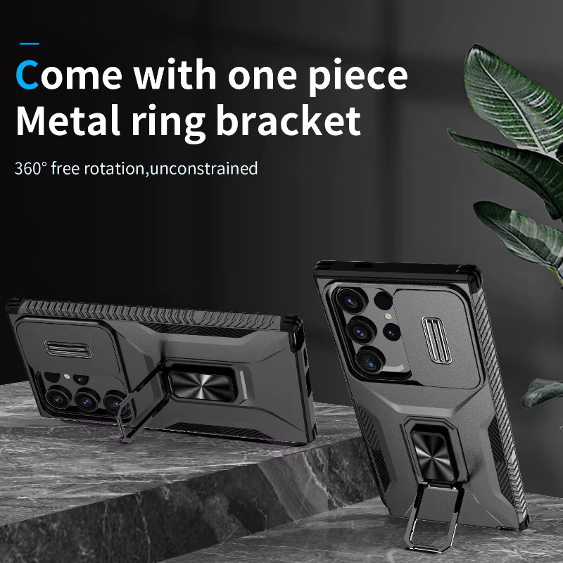 360 Grad rotierende Metall Handyhülle mit Ring und Push-Pull Kameraschutz für Samsung Galaxy S25 Ultra S24 Ultra Plus S23 S22 S21 in Schwarz oder Grün - Bild 2