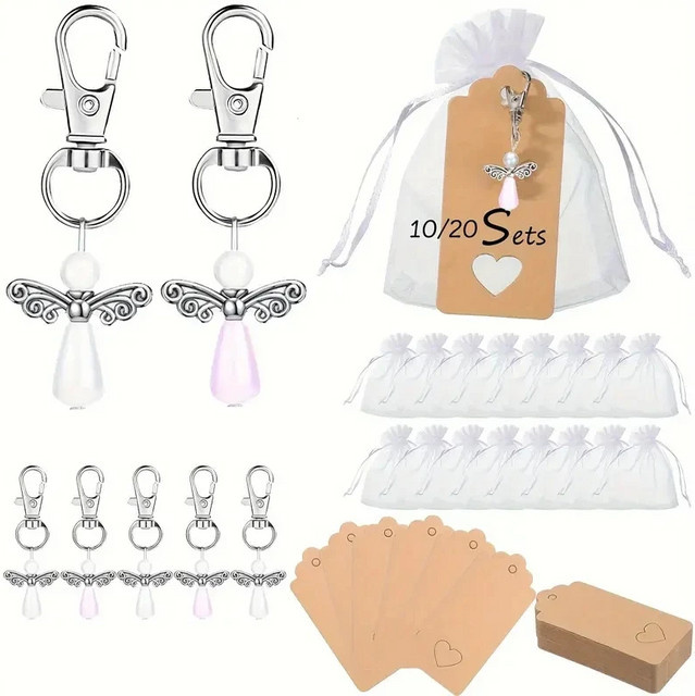 Engel Schlüsselanhänger Set mit Organza Taschen und Engelsflügel Danke Tags in Pink und Weiß für Babypartys und Gastgeschenke - Bild 1