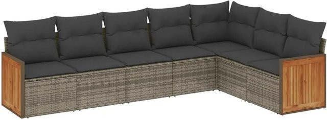 vidaXL 7-tlg Garten-Sofagarnitur in L-Form aus Polyrattan und Akazienholz in Grau mit Kissen und Stauraum - Bild 1