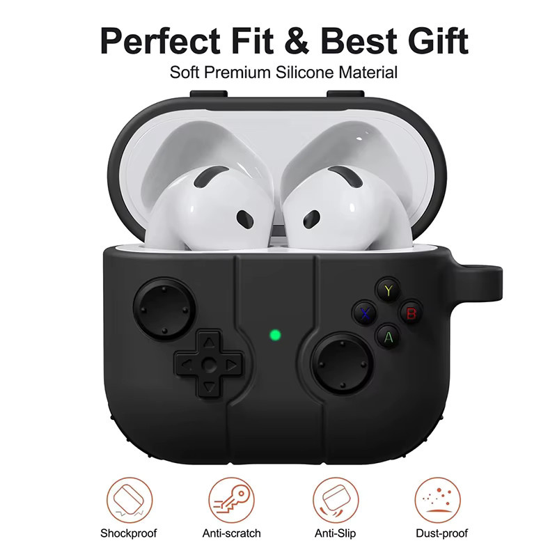 Stoßfeste und wasserdichte Cartoon-Schutzhülle für AirPods Pro 2 und AirPods 3/4 von AILEHKUO in Schwarz mit Karabinerhaken - Bild 2