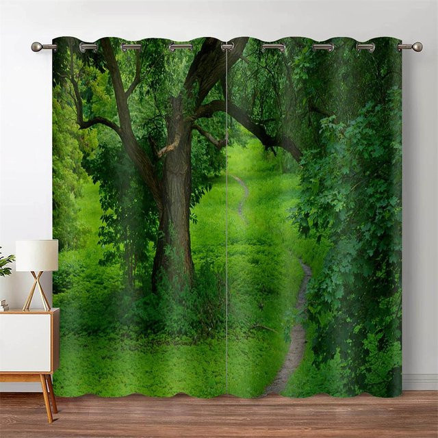 Zweiteiliger 3D Wald Vorhang mit Dschungel und Wasserfall Motiv in Grün, lichtblockierend, B: 100 cm, H: 130 cm - Bild 1