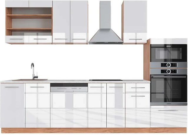 Vicco Fame-Line Küchenzeile Weiß Hochglanz und Goldkraft Eiche mit Hochschrank, Breite: 300 cm - Bild 1